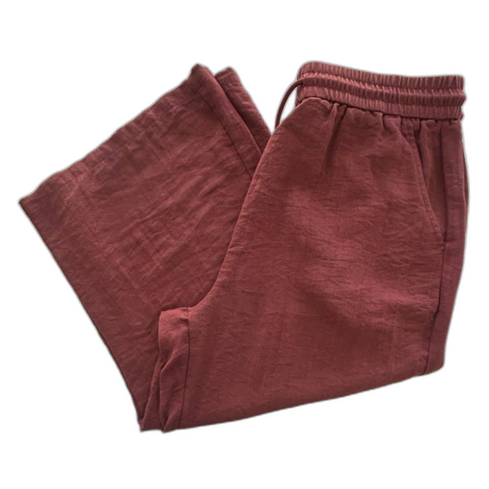 Halara Wide Leg Cropped Drawstring Casual Linen Feel Pants Size L Terracotta
